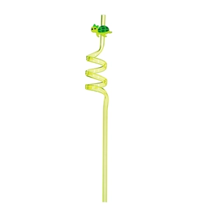 Close-up of a spiral green plastic straw with a cute green sea turtle decoration