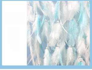 Detail of light blue and white feathers with faux pearl accents on a dreamcatcher