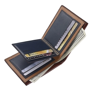 Men's bifold short wallet in dark brown leather with blue and camel interior pockets