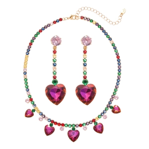 Rainbow crystal jewelry set featuring heart pendants with colorful zircon tassel details