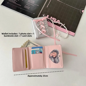 Detail of pink ballet-style PU leather wallet showing heart photo slot and card holders
