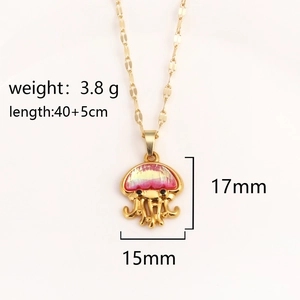 Golden jellyfish pendant necklace with iridescent pink stone and 40+5cm steel chain