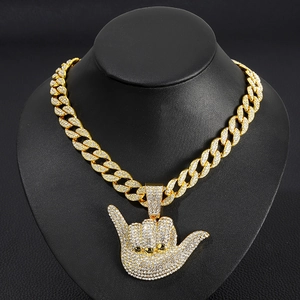 Men's hip hop gold shaka sign pendant with iced out rhinestones on cuban link chain