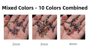 Size comparison of 2mm, 3mm, and 4mm colorful glass seed beads for DIY jewelry making