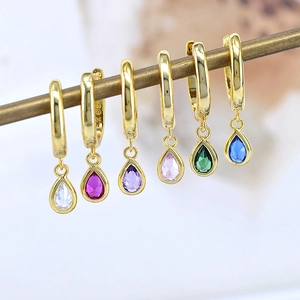 Detailed view of S925 sterling silver hoop earrings with teardrop zircon charms in multi-colors