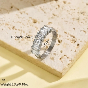 Detail view of silver stainless steel ring size 7 with cubic zirconia on stone base