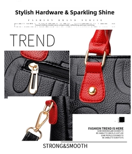 Detail of glossy gold metal hardware and litchi grain leather texture on the handbag