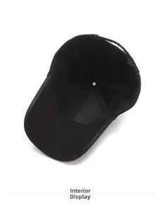 Interior view of black cotton baseball cap showing sweatband and high-quality stitching