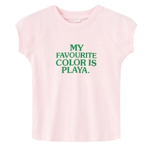 Détail du t-shirt rose en coton avec impression de lettres vertes MY FAVOURITE COLOR IS PLAYA