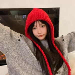 Cagoule En Tricot Mignonne Pour Femmes Coton Épais Bonnet D'hiver Chaud Avec Longues Sangles Tressées