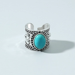 Vintage silver open ring with turquoise stone and bohemian engraved details