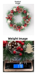 Detailed view of 178g Christmas wreath with pine cones, red berries and pine needles