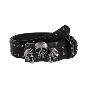 Ceinture punk en cuir noir avec boucle de crânes gothiques et rivets métalliques argentés