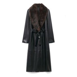 Women Long PU Leather Coat Faux Fur Collar Belted Slim Fit Windproof Winter Overcoat Elegant Solid Color Outerwear