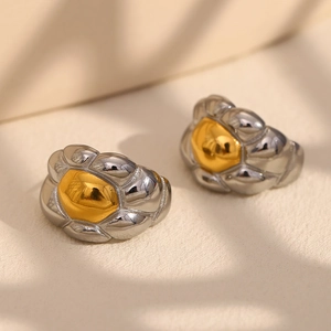 Two-tone 18K gold plated stainless steel horn stud earrings with textured armor design