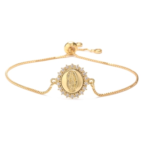 Gold plated Mary religious charm bracelet with white zircon and adjustable box chain