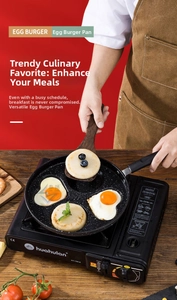 Detail of four-hole non-stick frying pan cooking egg burgers on a portable stove
