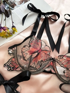 Detailed butterfly embroidery on mesh fabric with elegant satin ribbon shoulder straps