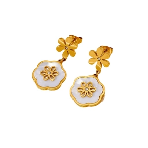 Boucles d'oreilles fleurs en acier inoxydable doré avec incrustations blanches et diamants