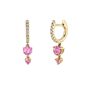 Elegant 18K gold earrings with pink round-cut cubic zirconia and pave diamond accents