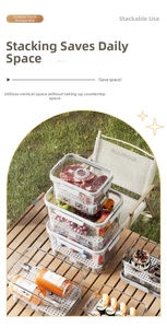 Stackable outdoor food containers with airtight lids and white drainage compartments