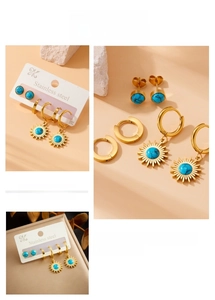 Detail of bohemian sunburst earrings with blue turquoise inlay in gold finish