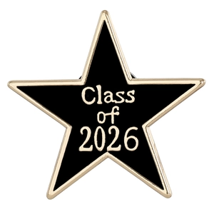 Black and gold star-shaped Class of 2026 graduation enamel pin badge for students