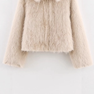 Chic beige faux fur jacket for women with fluffy texture and stylish casual fit