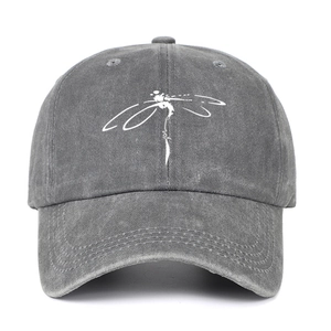 Gray washed denim baseball cap with white dragonfly print in a classic six-panel design