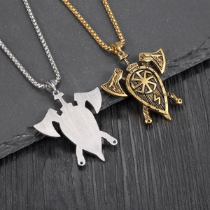 Nordic Viking double axe and shield pendant necklace in gold and silver finish