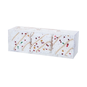 Detailansicht von drei weißen Weihnachts-Schaumstoffkugeln mit bunten Pailletten in Box
