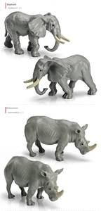 Macro detail of realistic miniature elephant and rhinoceros models with skin textures