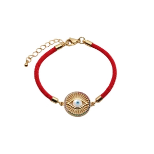 Bracciale intrecciato rosso regolabile con ciondolo malocchio dorato e zirconi colorati