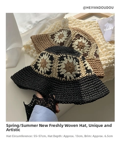 Detailed knit pattern of a crochet sun flower bucket hat with specific size measurements