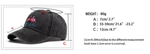 Detailed size chart for washed cotton baseball cap with flamingo embroidery measurement