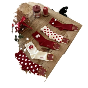 5 pairs of thick Christmas red socks with apple embroidery and plush pompoms for winter
