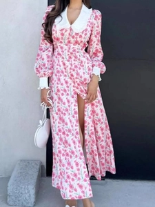 Polyester Floral Midi Dress Peter Pan Collar Long Sleeve Contrast Cuffs Single Breasted Slit Hem Elegant Pink Women