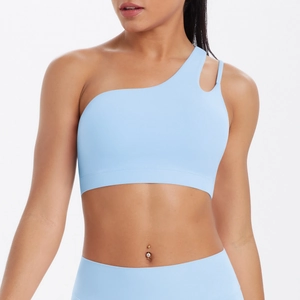 Detail of light blue one-shoulder sports bra with cut-out and matte nylon fabric
