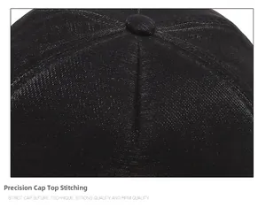 Close-up of precise stitching and top button detail on a black high-end baseball cap
