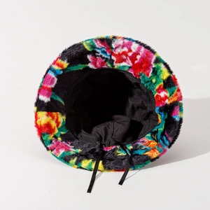 Floral faux fur bucket hat with colorful abstract patterns and adjustable inner drawstring