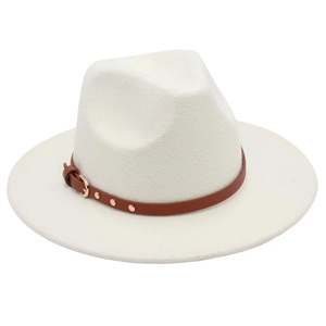 Close-up of a white wool fedora hat featuring a brown leather band and gold buckle