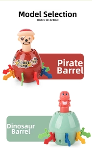 Detail view of pirate and dinosaur barrel toys with colorful plastic sword accessories