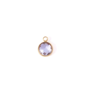 Detailed view of a 7mm light purple birthstone charm with gold plated rim and faceted gem