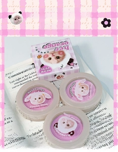 Cat-themed matte powder blush palette shown on a book with aesthetic pink check borders
