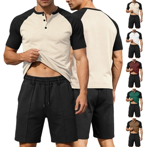 Men Short Sleeve Henley Shirt And Shorts Color Block Waffle Knit Breathable Raglan Sleeve Summer Casual Sportswear