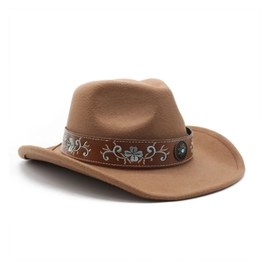 Detail of brown felt cowboy hat with embroidered leather band and turquoise metal buckle
