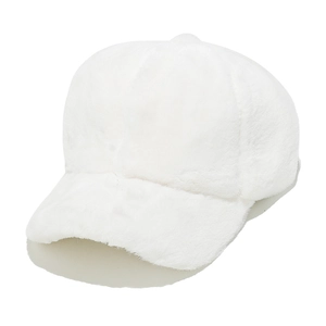 Detailed view of plush white faux rabbit fur texture on a classic baseball cap for winter