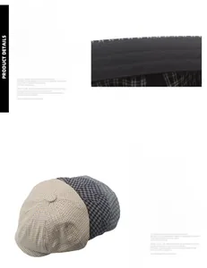 Macro view of plaid newsboy cap showing reinforced stitching and colorful checkered fabric