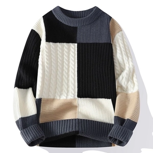Men's crewneck cable knit sweater with patchwork color blocks in black, grey, and khaki