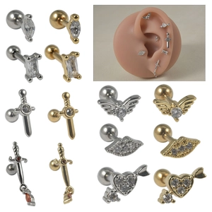 Helix Cartilage Stud Earrings Stainless Steel Cubic Zirconia Piercing Jewelry Wing Heart Sword Threaded Screw Ball Back